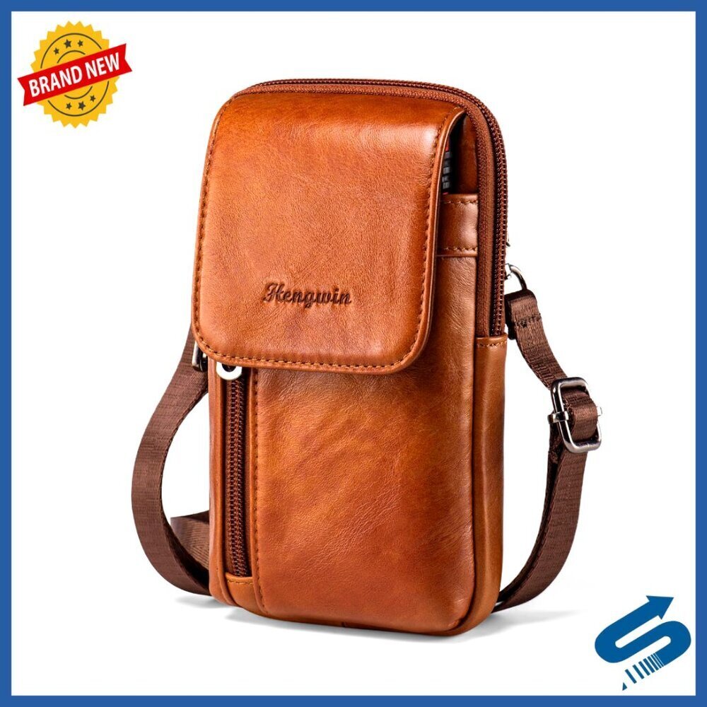 Genuine Leather Crossbody Bag Adjustable Strap Multi-Pocket Holster Pouch